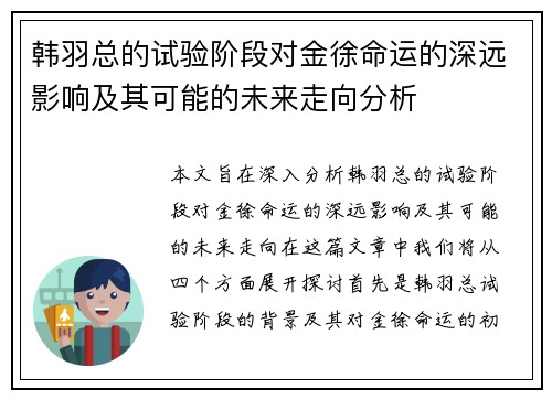 韩羽总的试验阶段对金徐命运的深远影响及其可能的未来走向分析